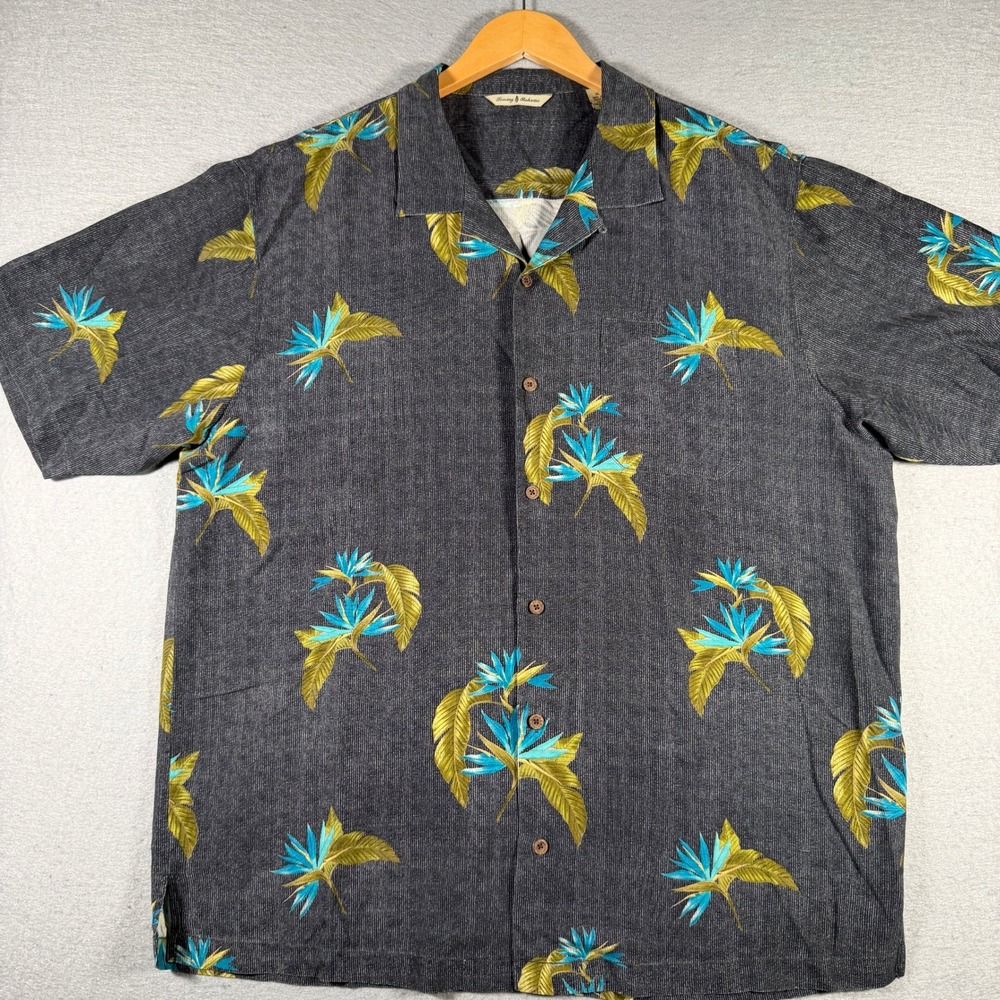 Tommy Bahama Mens XL Silk Bird of Paradise Floral Button Down Camp Shirt Grey
